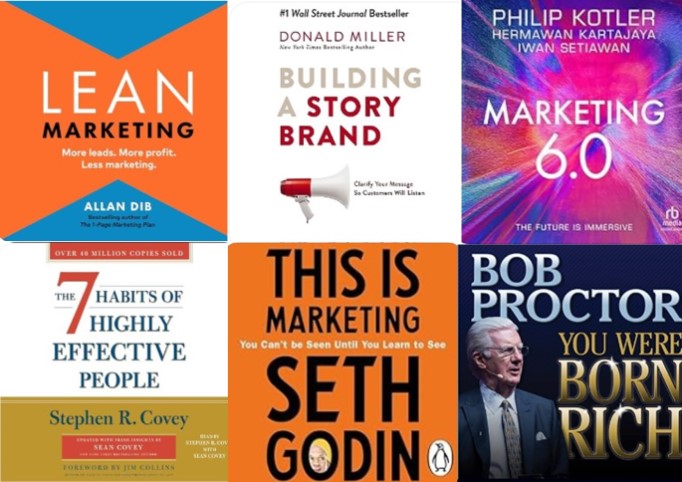 marketing-and-strategy-books a collage of book titles relating to business strategy and marketing